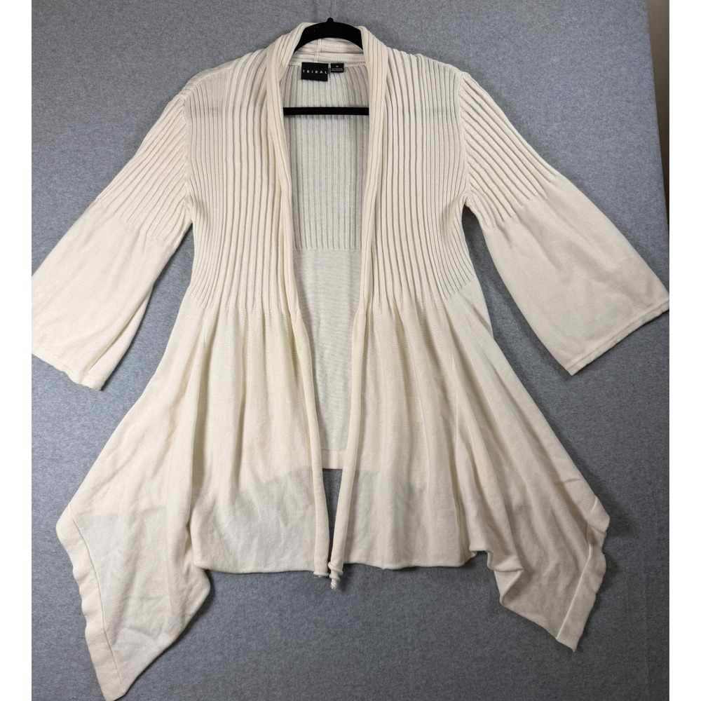 Tribal Womens Open Cardigan Sweater Ivory Sleeve Handkerchief Hem Size M SKU 244